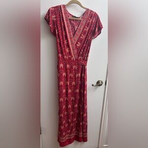 Pretty Garden Sz Medium Red Floral Wrap Tie Maxi Dress Bohemian V Neck Flutter